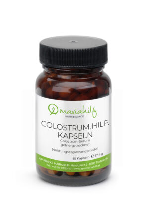 Braunglasflasche mit der Aufschrift KLO COLOSTRUM.HILF KPS Nahrungsergänzungsmittel, 60 Kapseln, hergestellt von Apotheke Mariahilf.