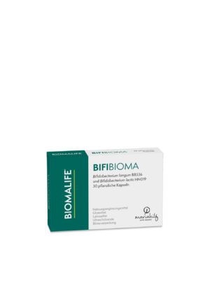 Schachtel KLO UNI BIFI BIOMA KPS mit 30 Kapseln auf pflanzlicher Basis, mit Bifidobacterium longum BB536 und Bifidobacterium lactis HN019; in grüner und weißer Verpackung.