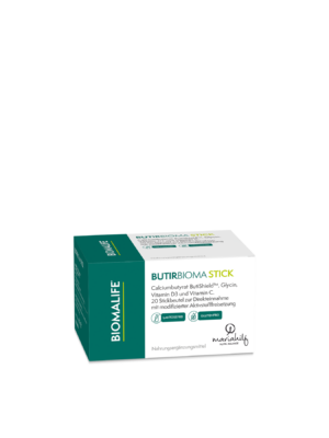 Eine Schachtel mit MH UNI BUTIRBIOMA STICK als Nahrungsergänzungsmittel mit Produktinformation und Branding auf der Verpackung.