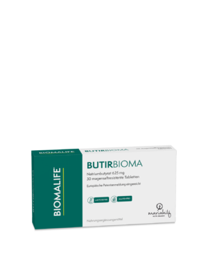 Eine Schachtel KLO UNI BUTIRBIOMA RM TBL enthält 30 Natriumbutyrat Tabletten zu 625 mg und ist als laktosefreies, glutenfreies Nahrungsergänzungsmittel gekennzeichnet.