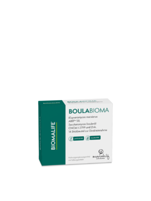 Eine Schachtel KLO UNI BOULABIOMA STICK Nahrungsergänzungsmittel mit 14 Beuteln, laktosefrei und glutenfrei, mit Hefeprobiotika und Zink.