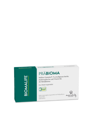 Eine Packung KLO UNI PRAEBIOMA Nahrungsergänzungsmittel mit 30 Filmtabletten enthält Fructooligosaccharid, Arabinogalactan und Vitamin B2.