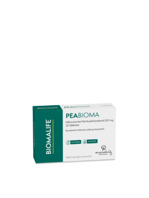 Eine Schachtel des Nahrungsergänzungsmittels KLO UNI PEABIOMA RM TBL enthält 30 Tabletten mit je 200 mg mikronisiertem Palmitoylethanolamid und ist als laktose und glutenfrei gekennzeichnet.