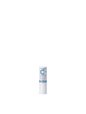 Vor einem weißen Hintergrund steht ein weißer Lippenpflegestift mit der Aufschrift „CERAMOL LIPPENSTICK“.