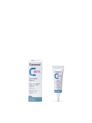 Die CERAMOL AUGENLID CREME (siehe Verpackung) zeigt die Creme in einer kleinen Tube und einen deutschen Verpackungstext.