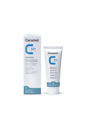 Tube und Schachtel CERAMOL CREME 311 von Unifarco Biomedical zur Ekzembehandlung.