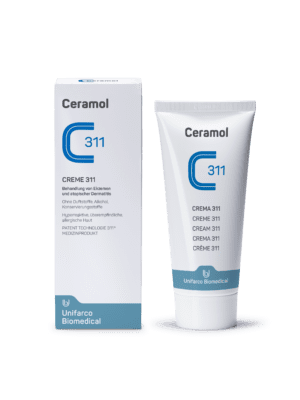 CERAMOL CREME 311 in Tube und Schachtel mit deutscher Bezeichnung, Marke Unifarco Biomedical, speziell für die Behandlung von Ekzemen und Neurodermitis.