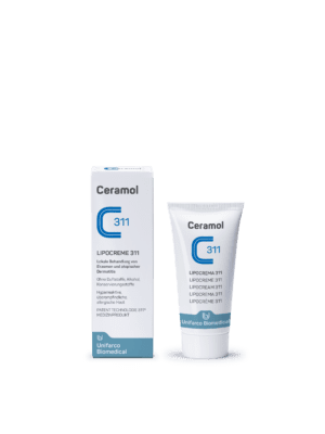 Eine Tube und Schachtel CERAMOL LIPOCREME 311 von Unifarco Biomedical mit ausführlichen Produktinformationen und Gebrauchsanweisungen.