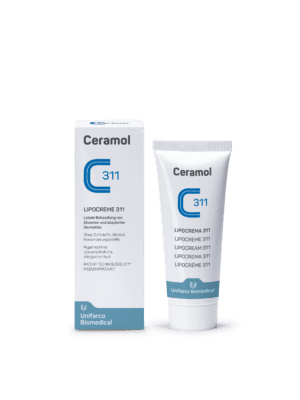 Neben der Verpackung ist die Tube CERAMOL LIPOCREME 311 abgebildet, die zur lokalen Hautbehandlung bestimmt ist.