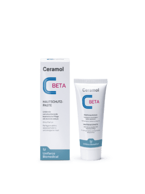 CERAMOL HAUTSCHUTZPASTE Hautschutzpaste von Unifarco Biomedical, präsentiert in Tuben- und Kartonverpackung auf weißem Hintergrund.