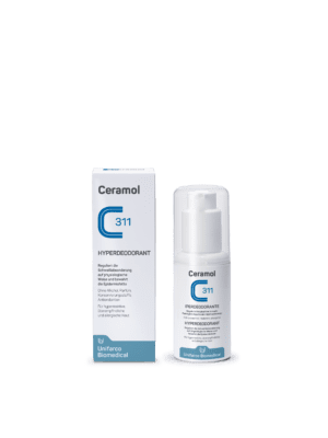 CERAMOL HYPERDEODORANT-Flasche und -Box mit blauen Akzenten und dem Unifarco Biomedical-Logo.