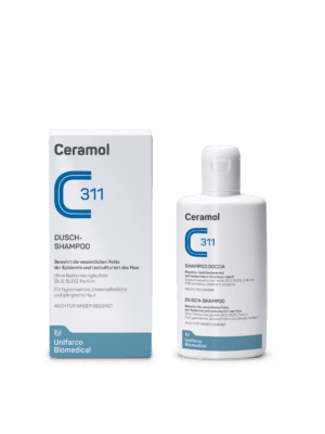 CERAMOL DUSCHSHAMPOO-Flasche und -Box nebeneinander auf weißem Hintergrund.