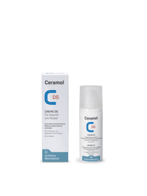 Die Ceramol Creme DS von Unifarco Biomedical ist in einer weißen Flasche und Schachtel mit blauen Akzenten verpackt und für die Anwendung im Gesicht und Körper gekennzeichnet.
