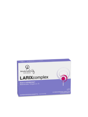 Eine Schachtel mit KLO LARIX.COMPL.HILF TBL Nahrungsergänzungstabletten mit lila und weißer Verpackung, auf der die Produktdaten angegeben sind.