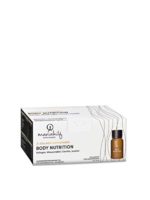 Eine Schachtel von KLO KOLLAGEN.HILF AMP 10ML mit der Abbildung einer kleinen Flasche mit der Aufschrift "Body Nutrition" auf der Vorderseite.