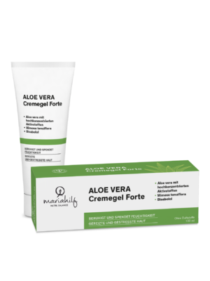 Eine Tube und eine Schachtel von UNI ALÖ VERA GEL FTE auf weißem Hintergrund mit Produktangaben und den wichtigsten Inhaltsstoffen.