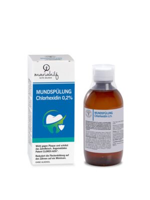 Flasche und Schachtel MUNDSPÜLUNG Chlorhexidin 2% Mundwasser mit deutschem Text auf der Verpackung.