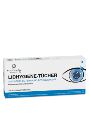 Eine Schachtel UNI LIDHYGIENE TÜCHER Tücher für die tägliche Reinigung der Augenlider, geeignet für Babys, mit Produktangaben in deutscher Sprache und einer Abbildung eines Auges auf der Verpackung.