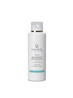 Weiße Flasche Hyaluron REGENERIERENDE REINIGUNGSMILCH mit blauem Akzent, gekennzeichnet als Gesichts- und Augenreinigung, mit Malven- und Kamillenextrakt.