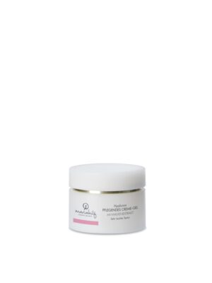 Ein weißes Glas mit der Aufschrift „Hyaluron PFLEGENDES CREME-GEL mit IaluDeep® und Malvenextrakt“ auf schlichtem weißem Hintergrund.