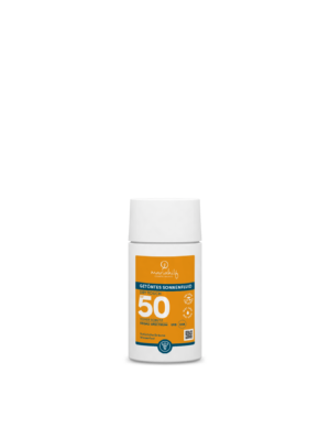 Eine Flasche UNI FLUID DRY TOUCH GETÖNT SPF 50 Sonnenfluid mit weißem Verschluss und orangefarbenem Etikett ist auf einem schlichten weißen Hintergrund abgebildet.
