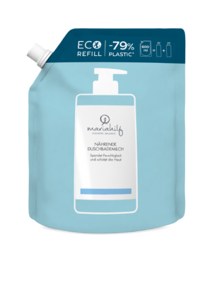 Ein blauer Nachfüllbeutel mit der Aufschrift "UNI ECO DUSCHBADEMILCH NAEHR" und dem Bild einer Pumpflasche zeigt 79 % weniger Plastik und ein Fassungsvermögen von 600 ml.