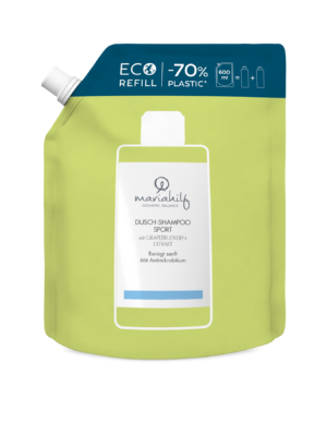 Ein grün weißer Öko Nachfüllbeutel für UNI ECO DUSCH SPORT SHAMPOO mit 600 ml Inhalt und 70 % weniger Plastikverbrauch.