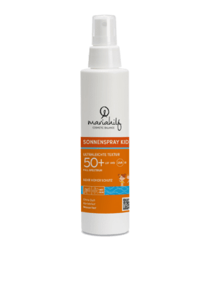 Eine weiße Flasche Sonnencreme SONNENSPRAY KIDS LSF 50+ bietet LSF 50+ und UVA/UVB-Schutz. Sie verfügt über ein orangefarbenes Etikett mit deutschem Text.