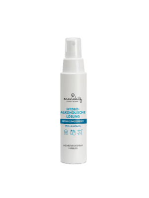Eine weiße Flasche REINIGUNGSSPRAY HYDROALKOHOLISCHE LÖSUNG Desinfektionsspray mit 70 % Alkohol.