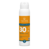Eine Flasche UNI SUN SPRAY TRANSP LSF 30+ mit orangefarbener und weißer Aufschrift, die für empfindliche Haut bestimmt ist, steht aufrecht vor einem schlichten weißen Hintergrund.