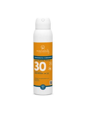 Eine Flasche UNI SUN SPRAY TRANSP LSF 30+ mit orangefarbener und weißer Aufschrift, die für empfindliche Haut bestimmt ist, steht aufrecht vor einem schlichten weißen Hintergrund.