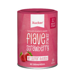 Eine rosafarbene Dose XUCKER FLAVE POW STRA 10458 "ohne Zuckerzusatz" mit Erdbeeren enthält 30 Portionen und 3,2 kcal pro Portion.