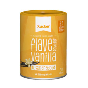 Ein Kanister XUCKER FLAVE POW VANIL 10457, gekennzeichnet mit No Sugar Added und Mit Süßungsmitteln, enthält 30 Portionen mit 3,6 kcal pro Portion.