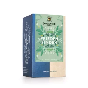 Der Tee „Glück ist Frieden Finden“ von Sonnentor besteht aus weißem Tee, Limettenblüten und Zitronenmelisse in einer grün-cremefarbenen Blumenverpackung.