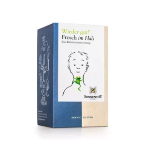 Schachtel Kräuterteemischung „SONNENTOR WIEDER GUT! FROSCH IM HALS“ mit der Abbildung einer Person mit einem Frosch im Hals.