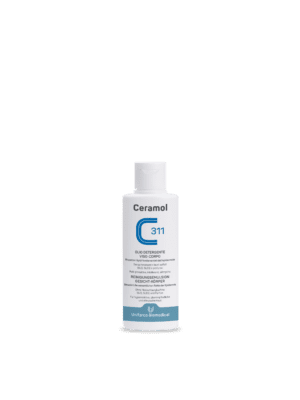 Ceramol Reinigungsemulsion Gesichts-Körper-Flasche mit blau-weißem Etikett, ausführliche Beschreibung in Englisch und Französisch.