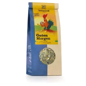 SONNENTOR GUTEN MORGEN TEE Bio-Kräutertee-Packung mit Hahn-Illustration auf der Vorderseite.