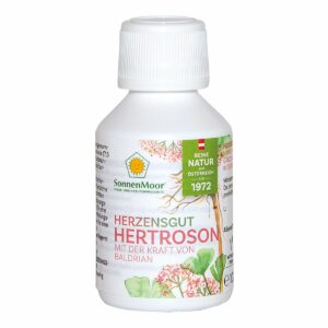Eine weiße Flasche Hertroson® zeigt Pflanzenillustrationen und einen deutschen Text auf dem Etikett, wodurch die natürlichen Inhaltsstoffe und die österreichische Herkunft hervorgehoben werden.