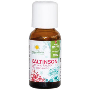 Eine kleine braune Flasche mit weißem Verschluss und der Aufschrift „Kaltinson® Duft- und Riechöl“ von SonnenMoor, verziert mit Pflanzengrafiken und Angaben zu den natürlichen Inhaltsstoffen.