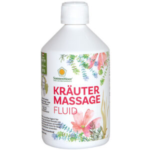 Eine weiße Flasche mit der Aufschrift „Kräutermassagefluid“ mit floraler Grafik von SonnenMoor.