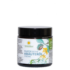 Ein Tiegel der Kräuterölcreme von SonnenMoor ziert auf dem Etikett Kräuterillustrationen.