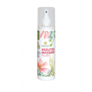 Kräutermassagefluid-Sprühflasche mit floralem Design-Etikett und Sprühdüse.