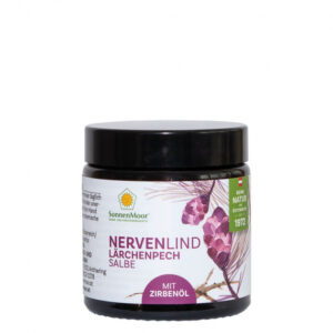 Eine Dose NervenLind® – Lärchenpechsalbe besticht durch natürliche Inhaltsstoffe und suggeriert eine beruhigende Anwendung.
