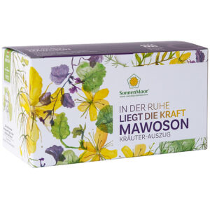 Schachtel Mawoson® Kräuterextrakt mit farbenfrohen Blumenillustrationen und deutschem Text auf der Verpackung.