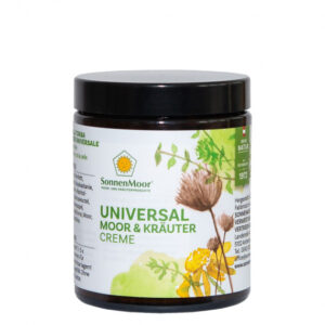 Ein Glas SonnenMoor Universal Moor und Kräutercreme mit Pflanzenillustrationen auf dem Etikett.