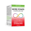 Auf der Verpackung des Pulvers „MORE POWER PLV METANORM“ sind farbenfrohe Texte und Grafiken zu sehen, die Vorteile wie Leistungssteigerung, Energie und gute Laune hervorheben; die Verpackung ist überwiegend in Grün, Weiß und Rot gehalten.