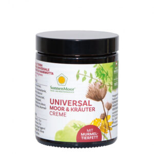 Ein Glas Universal Moor und Kräutercreme mit Murmeltierfett mit Pflanzenillustrationen auf dem Etikett.
