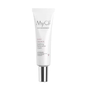 Weiße Tube mit der Aufschrift MC SENSAGING CREME CALMIA und silbernem Verschluss, die für die Pflege von Haut mit Rötungen bestimmt ist.