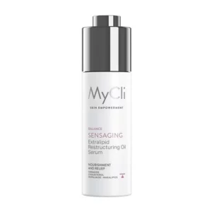 Eine weiße Flasche MC SENSAGING OIL SERUM mit einer silbernen Kappe, die Produktdetails und Branding auf dem Etikett zeigt.
