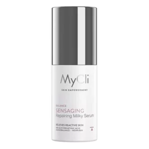 Eine weiß silberne Flasche MC SENSAGING MILKY SERUM enthält Glycyrrhetinsäure und Indirubin und wurde zur Linderung von Hautreaktionen entwickelt.